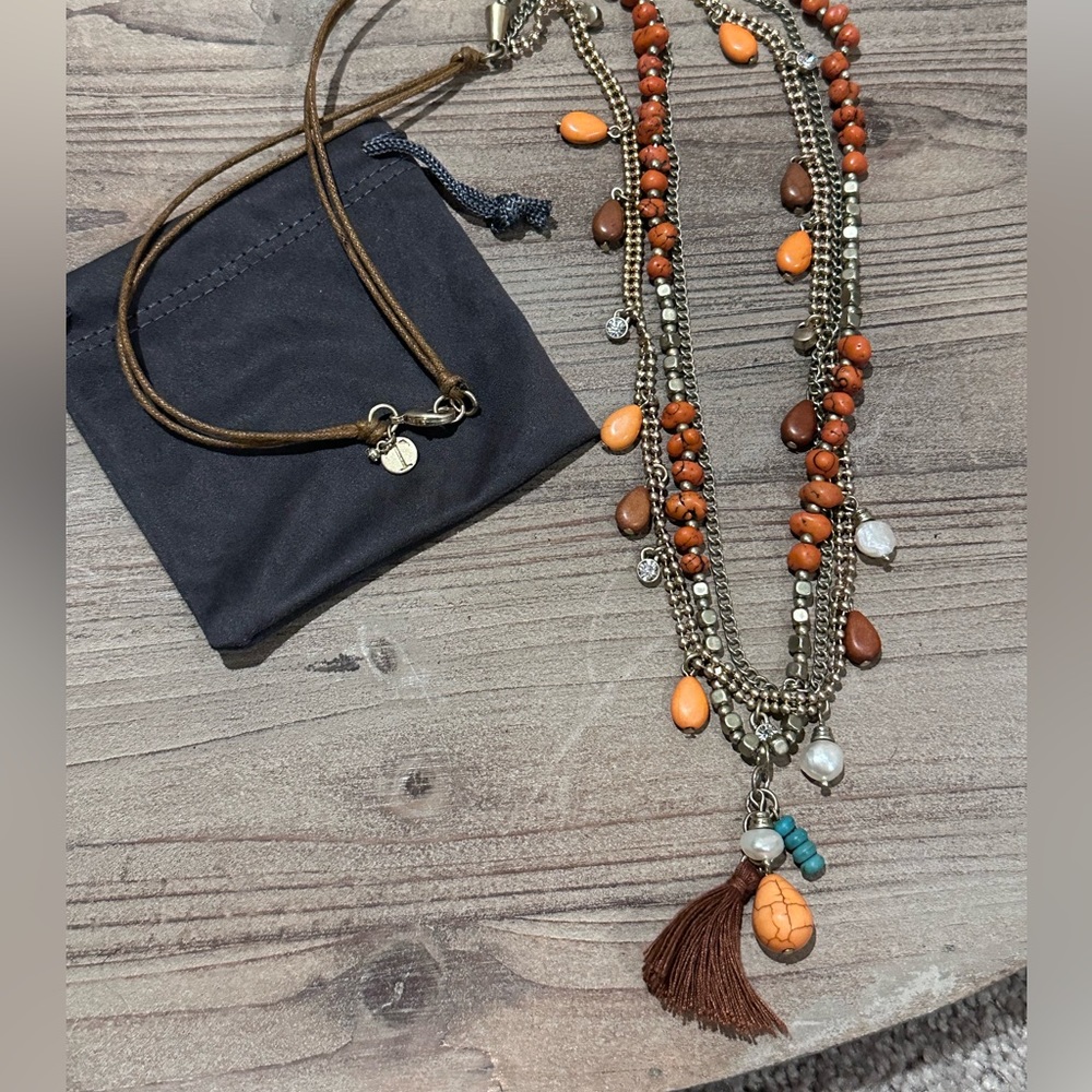 Talbots Long Bronze and Leather beaded necklace